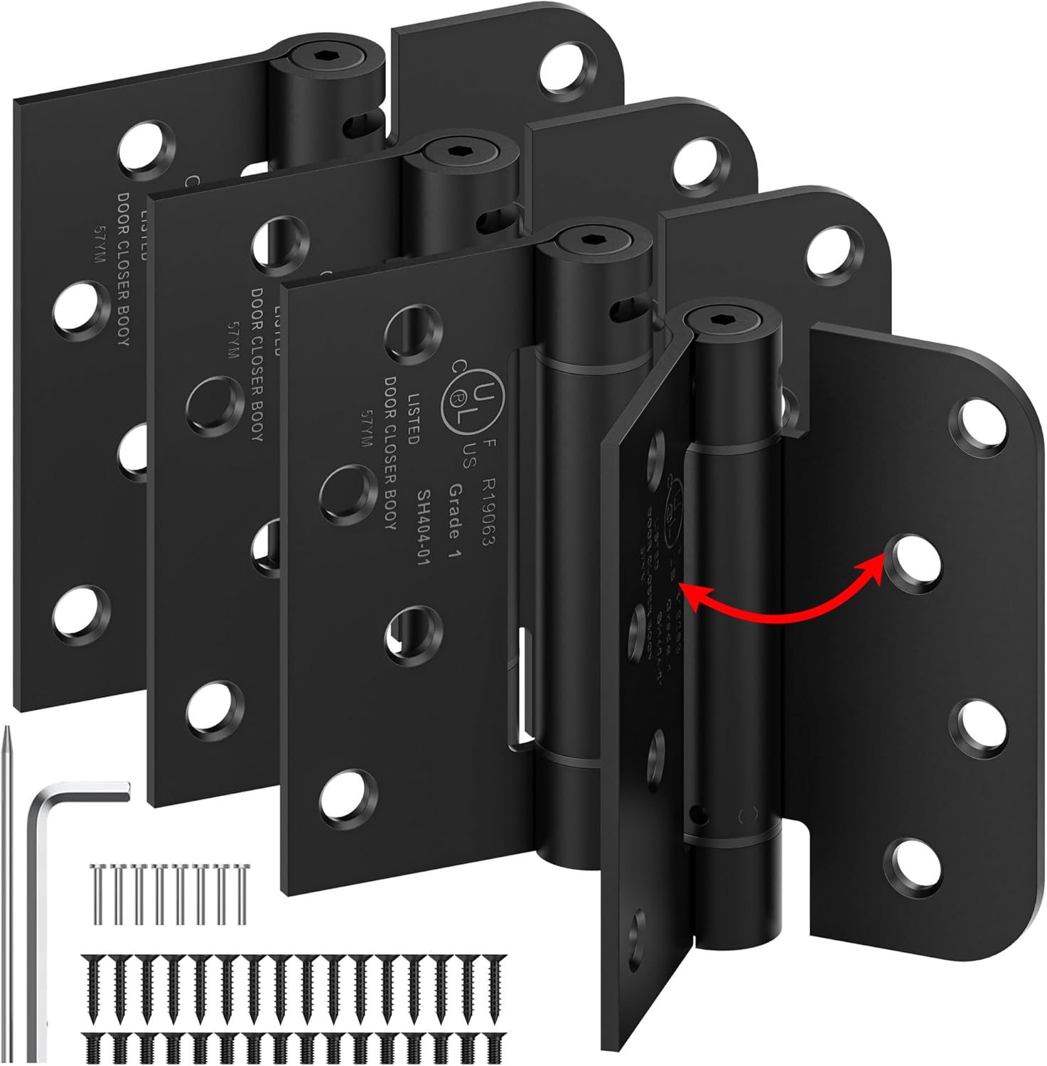 4-Pack Self Closing Door Hinges, 4 Inch Spring Loaded Hinges with Square & 5/8'' Radius Corners, Adjustable Tension for Exterior,Garage, Front Back Door,Left Right Hand Door,UL Listed,Black