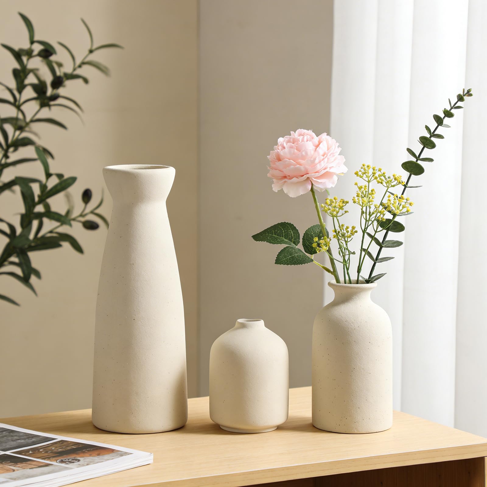 Keramik Vasen Set 3er Blumenvase für Deko Schlafzimmer, Moderne Home Decor Boho Landhaus Rustikale Vase für Pampasgras