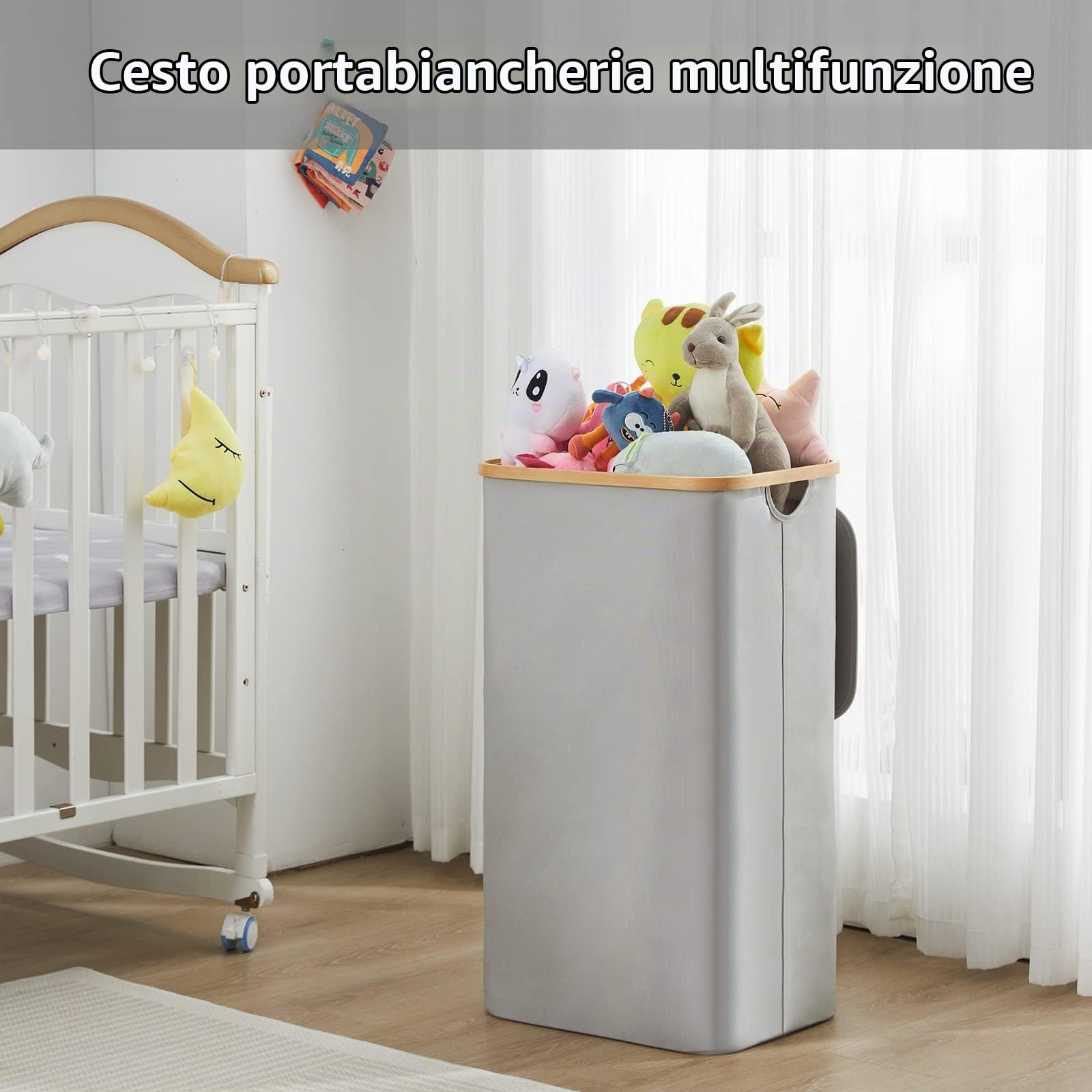 YOUDENOVA - Cesto portabiancheria con coperchio, 85 l, stretto, con sacco grande per la biancheria, pieghevole, in legno di bambù, grigio
