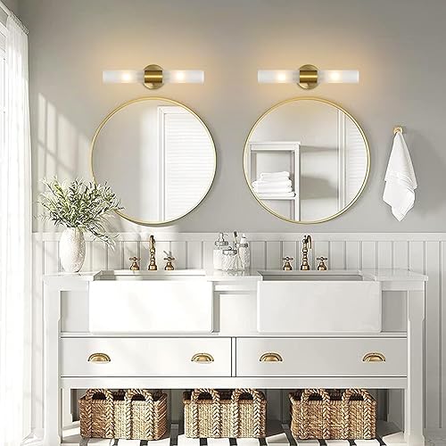 Miniatura 6 de BAODEN Lámparas doradas para tocador de baño, paquete de 2 lámparas modernas de pared cilíndrica, pantalla de vidrio acrílico blanco esmerilado, 2