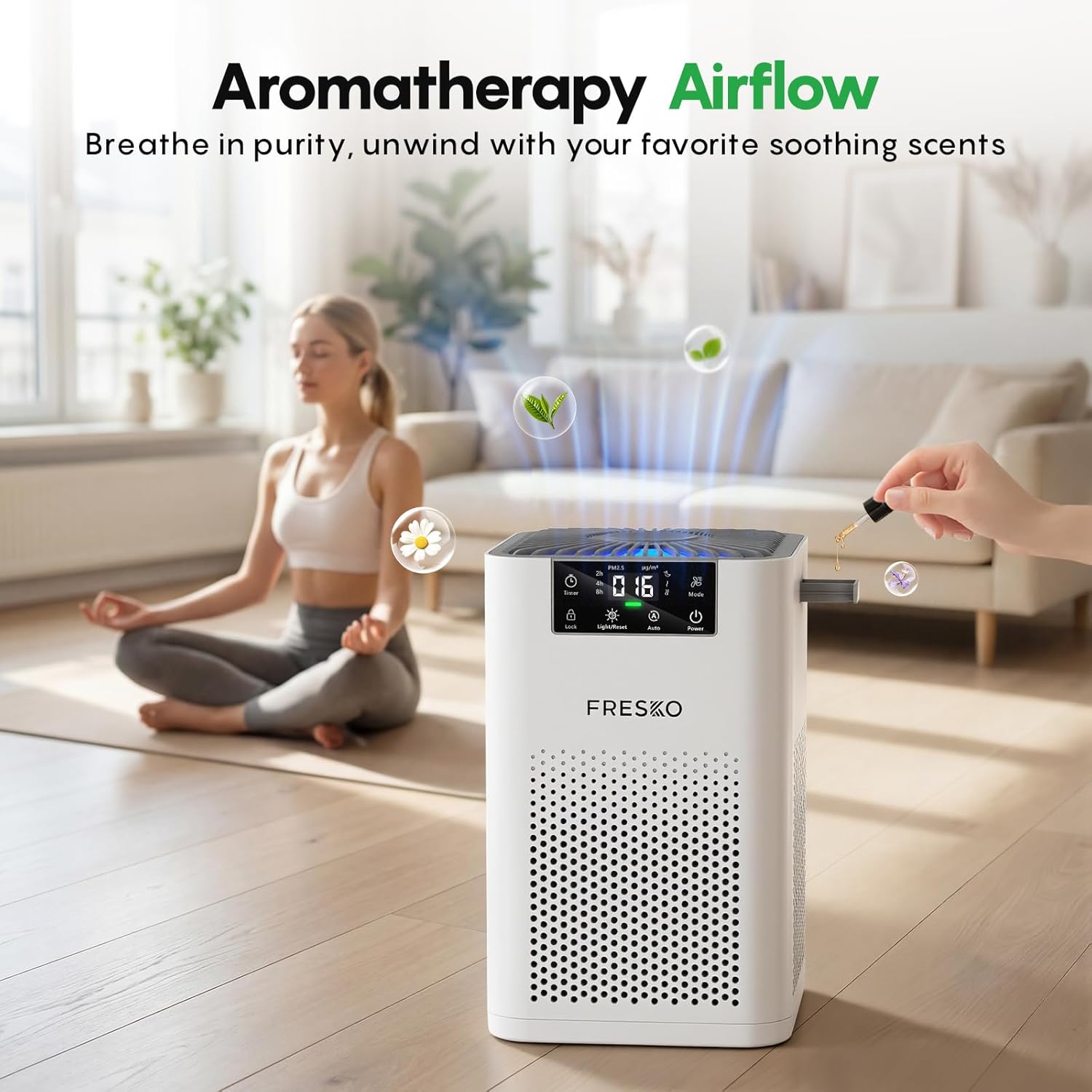 FRESKO Small Air Purifier for Bedroom, H13 True HEPA Filter Quiet Air Cleaner with Night Light, Aromatherapy, Sleep Mode, Real-Time PM2.5 Display & 360° Airflow, for Odors, Smoke in Home & Office