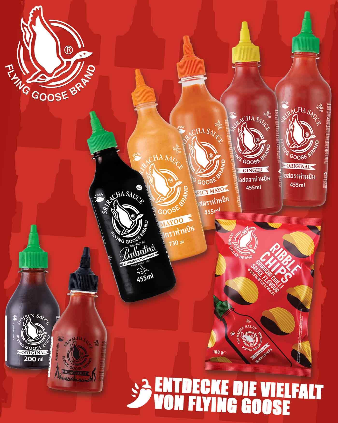 FLYING GOOSE Sriracha Chilisaucen Mischkarton 6 Geschmacksrichtungen 6 x 455ml Multipackung