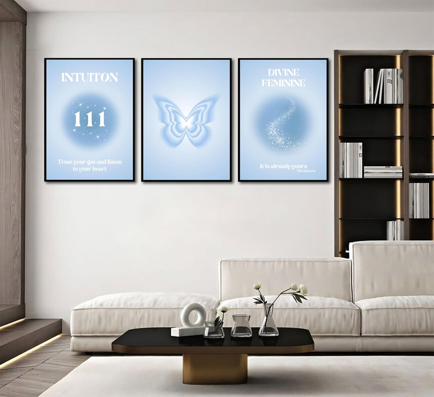 3 pcs Blue Gradient Aura Canvas Wall Art Trendy Angel Numbers Butterfly Spiritual Grainy Gradient Wall Decor Pictures Preppy Aesthetic Posters Prints for Girls' Room Bedroom Dorm Decoration