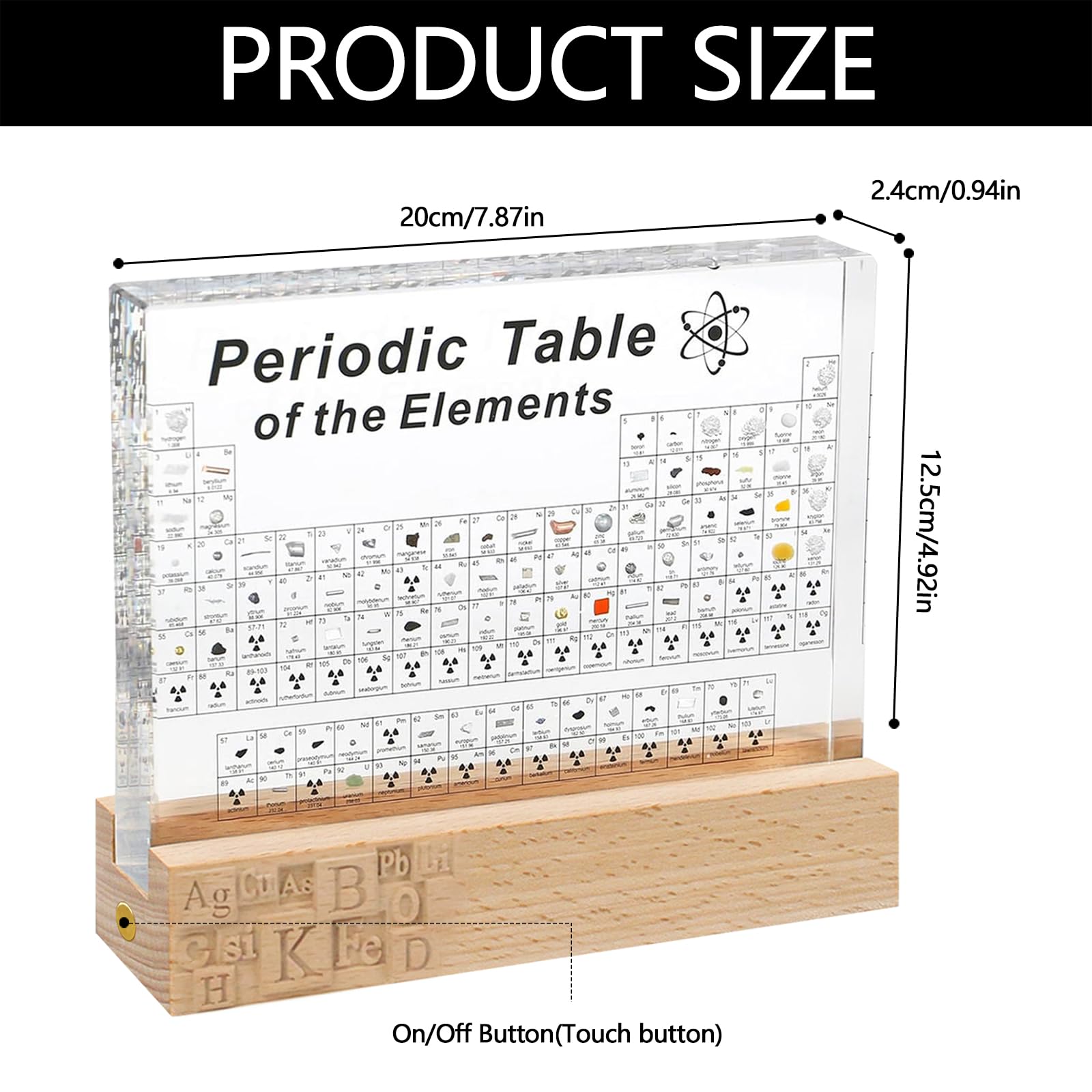 Tavola Periodica, Tavola Periodica Con Elementi Reali All'interno, con 83 Elementi Reali All'Interno, Display Della Tavola Periodica con Base di Luci a 7 Colorate LED,Strumento Didattico Elementi