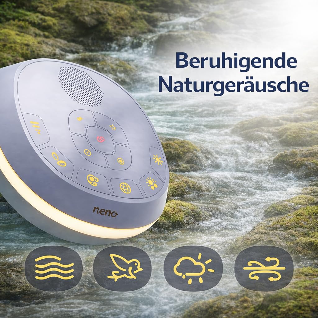 Neno Lumia White Noise Machine Baby - Weißes Rauschen mit Einschlafmusik - Einschlafhilfe Babys mit Nachtlicht - Naturgeräusche Box mit Stilllicht und Herzschlag-Aufnahmefunktion