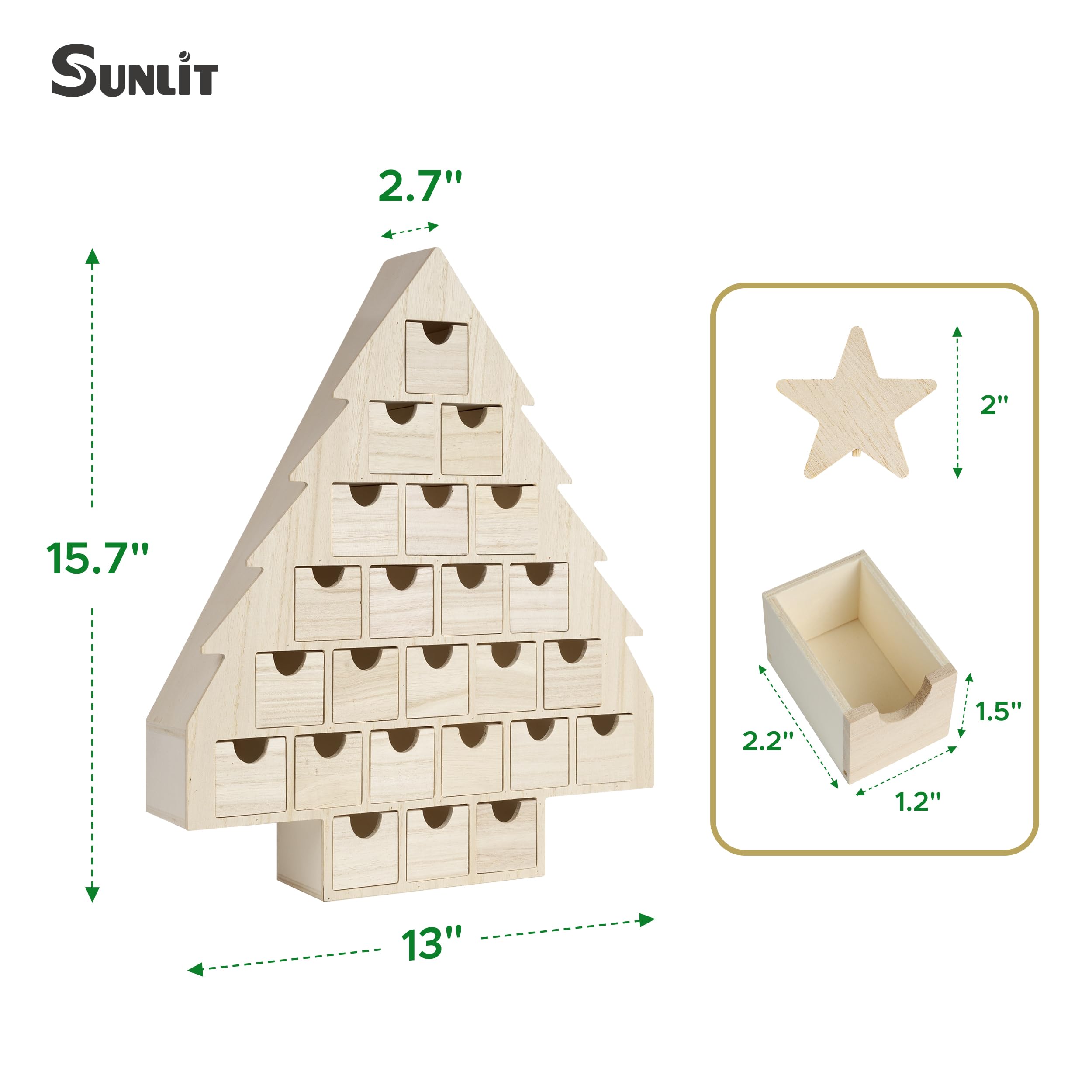 Sunlit Weihnachts-Adventskalender aus Holz mit Schubladen, unlackiertes Holz, Countdown-Kalender in Weihnachtsbaumform, fertig zum Dekorieren und Personalisieren, Bastelaufbewahrungsbox, DIY Guru und