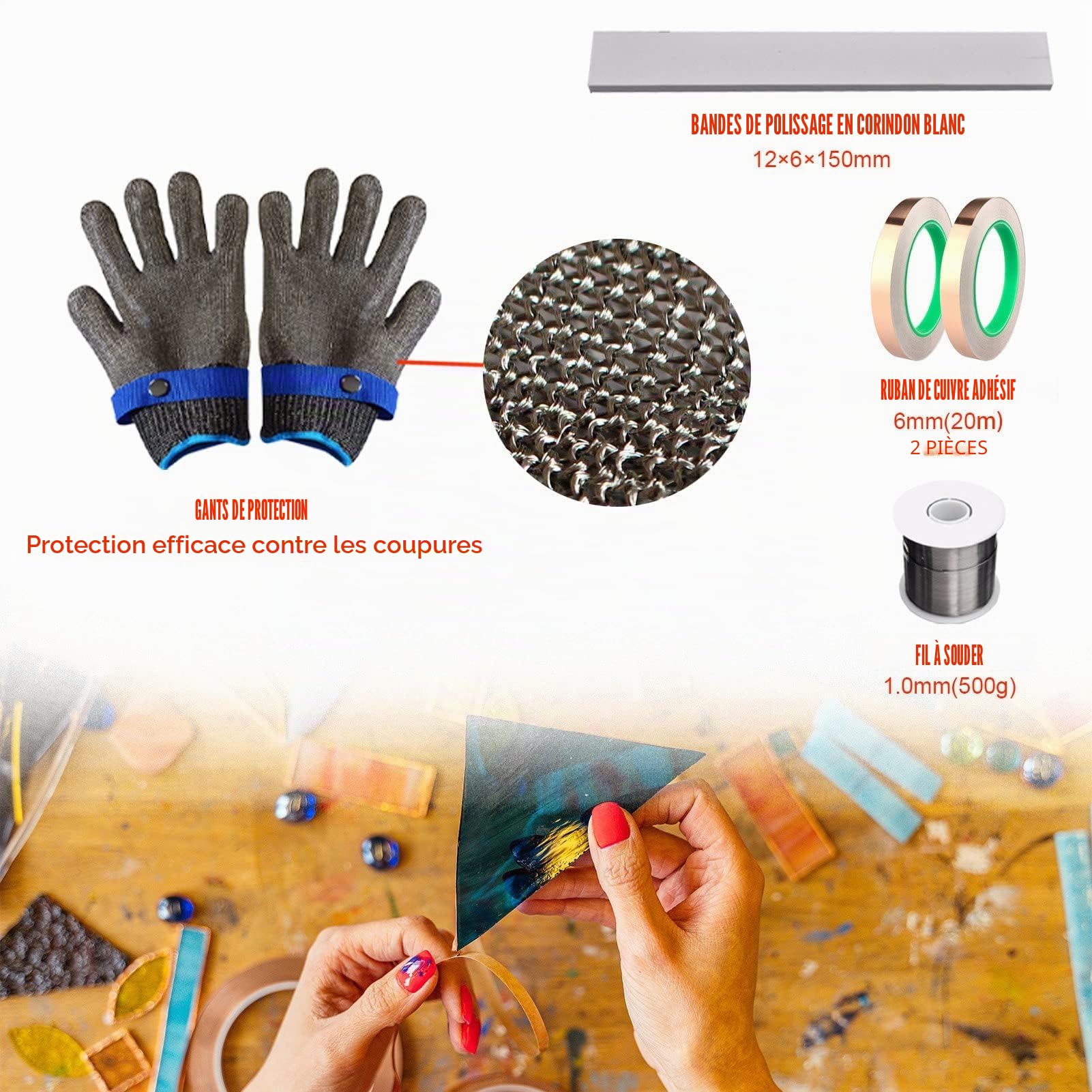 Kit de Vitrail Professionnel Ensemble de Démarrage, avec Ensemble d'Outil de Découpe de Verre, Kit de Fer à Souder 60 W, Ruban de Cuivre de 2 m, Fil à Souder de 500 g, Gants Résistants aux Coupures