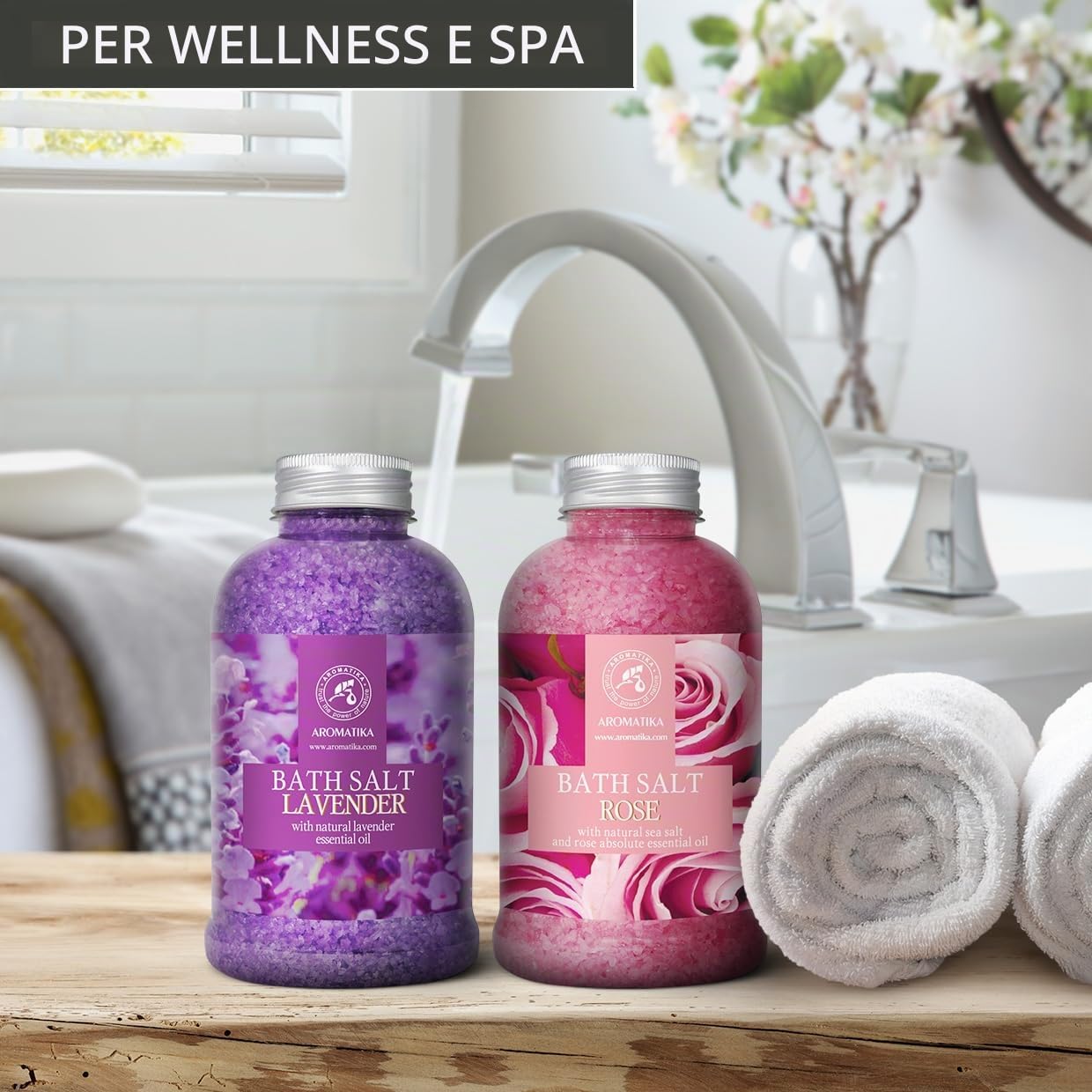 Sali da Bagno Set Lavanda & Rosa 2х600g - Sale Marino con Olio Essenziale di Lavanda - con Olio Essenziale Assoluto di Rosa - Cura del Corpo - Rilassamento - Bellezza - Aromaterapia