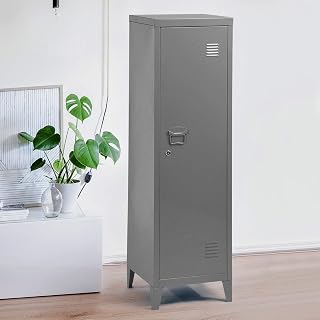 HOMYLIN Single Metal Locker Storage Cabinet with 3 Shelves Office Standing File Cupboard Lockable Unit for Study 1 Door 3-Tier, Grey, 137.5 x 38.5 x 38.5 cm, COUNCILBLUFFS Dark LT