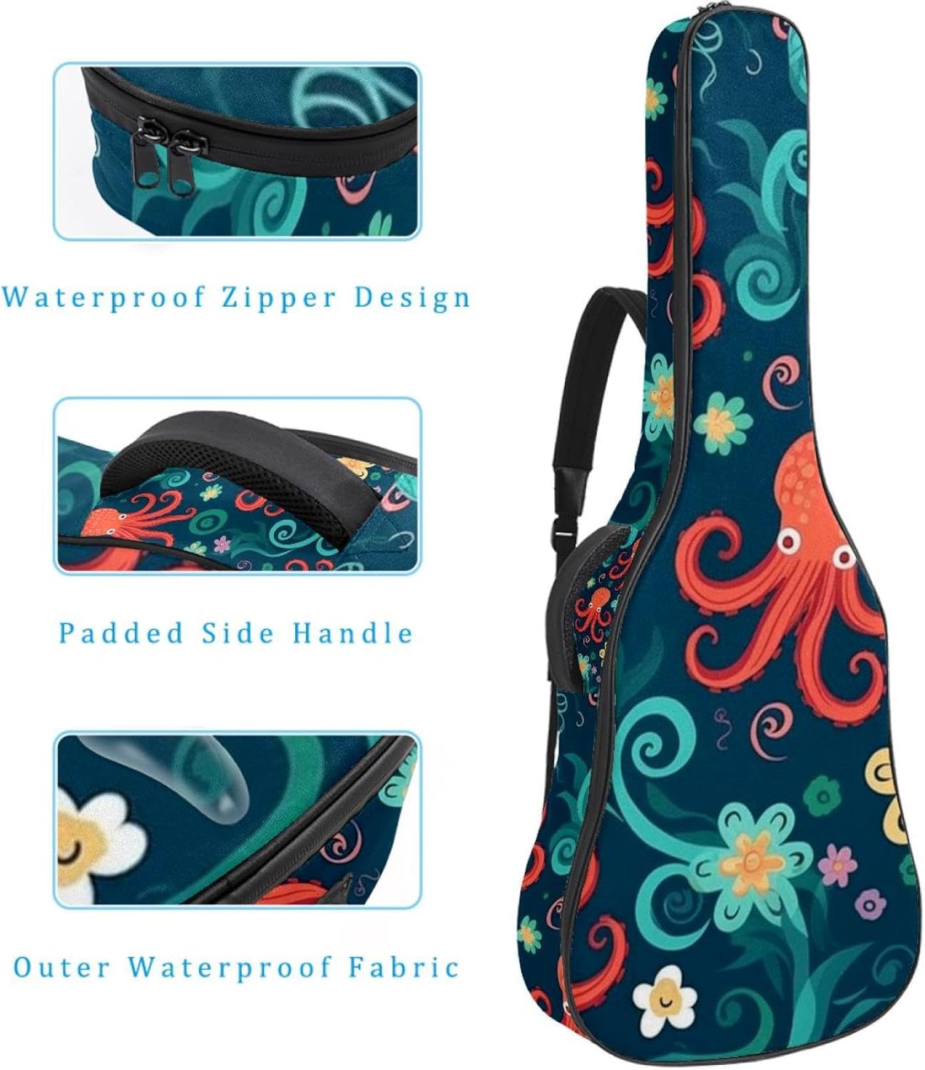 Octopus Art Guitar Bag 40 41 42 In 2 Pockets Guitar Case Waterproof Guitar Case Resistent Oxford Cloth 0.4 In Extra Thick Sponge Padded for Acoustic Guitar