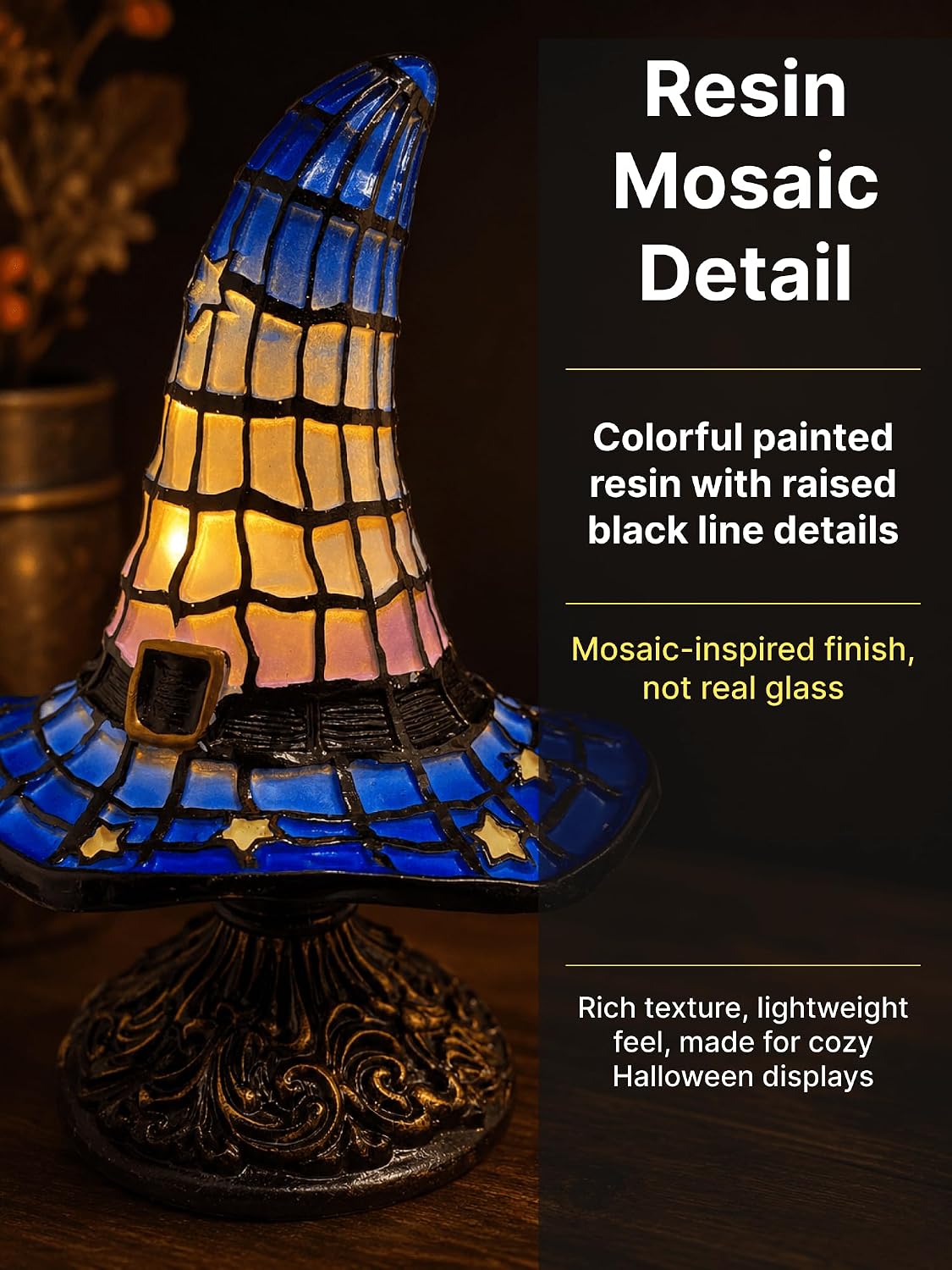 Blue Witch Hat Lamp, 6.9 in Resin Halloween Night Light for Shelf Decor image 3