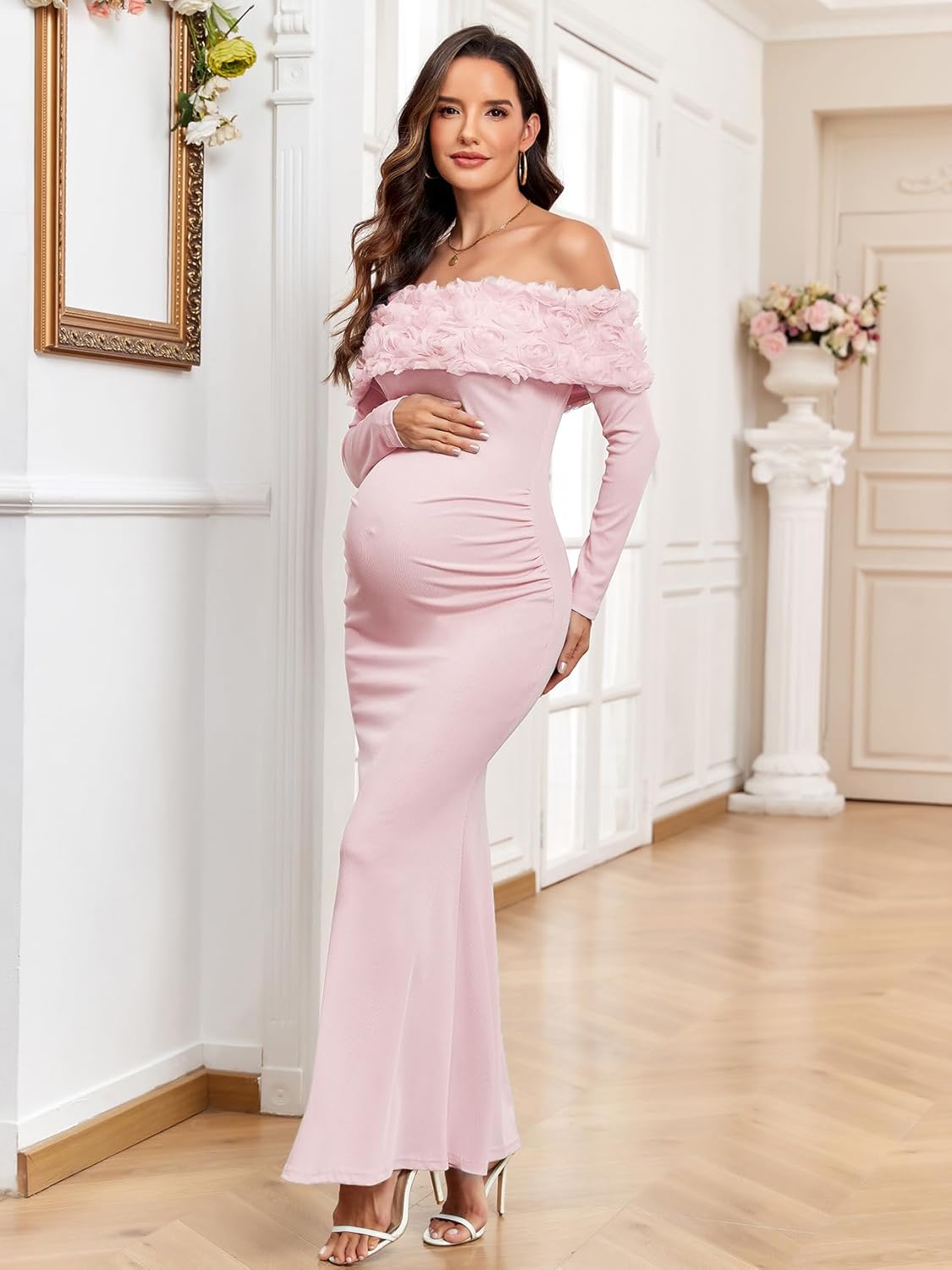 3D Floral Off The Shoulder Maternity Dress Sexy Ribbed Mermaid Maxi Bodycon Pregnancy Dresses Baby Shower - Image 4