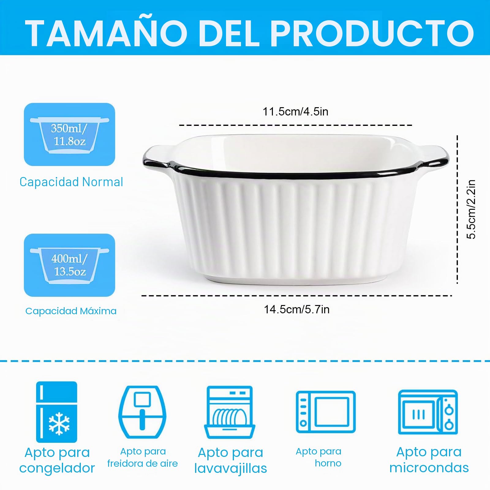 Juego de 4 cazuelas pequeñas de cerámica de alta calidad con asas, horno, microondas y airfryer, perfectas para gratinado, pasta, postres y más pequeñas para 1 persona