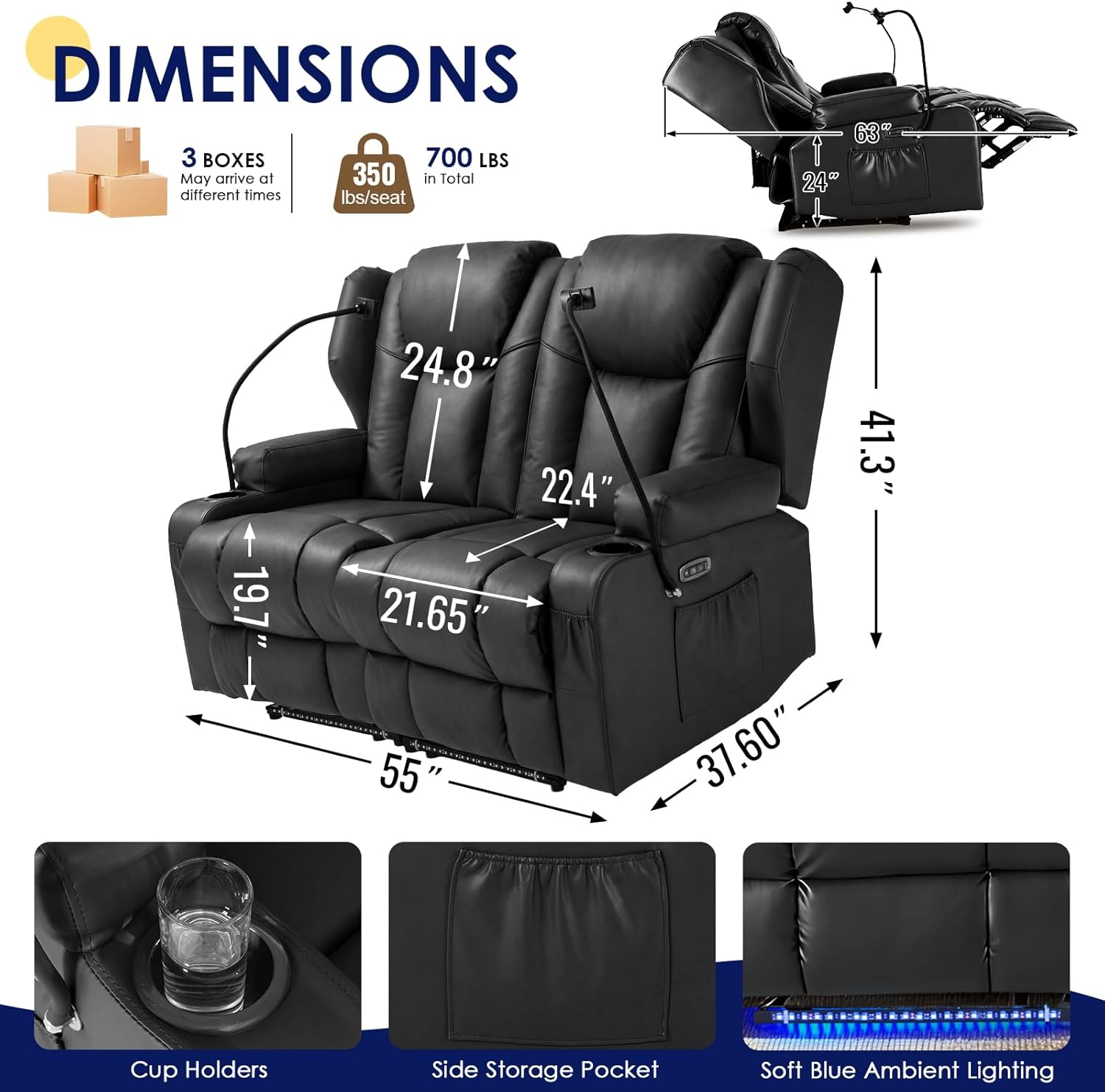 Redlife Power Loveseat Recliner Sofa, PU Leather Dual Reclining Couch with Vibration ＆ Heating, Blue LED Base Lights, USB Ports, Cup Holders & Phone Holders, Home Theater & RV Reclining (Black)