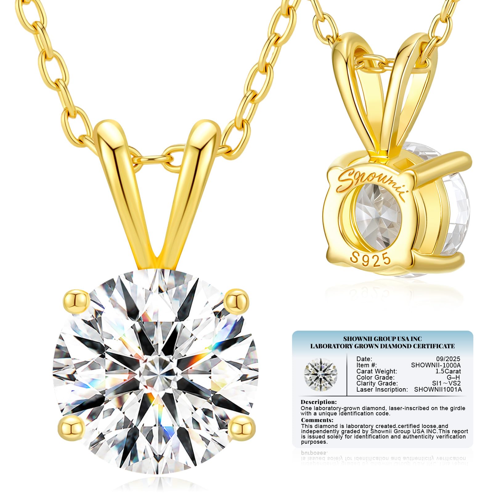 shownii 1.5CT LAB GROWN Diamond Solitaire Pendant Necklace for Women