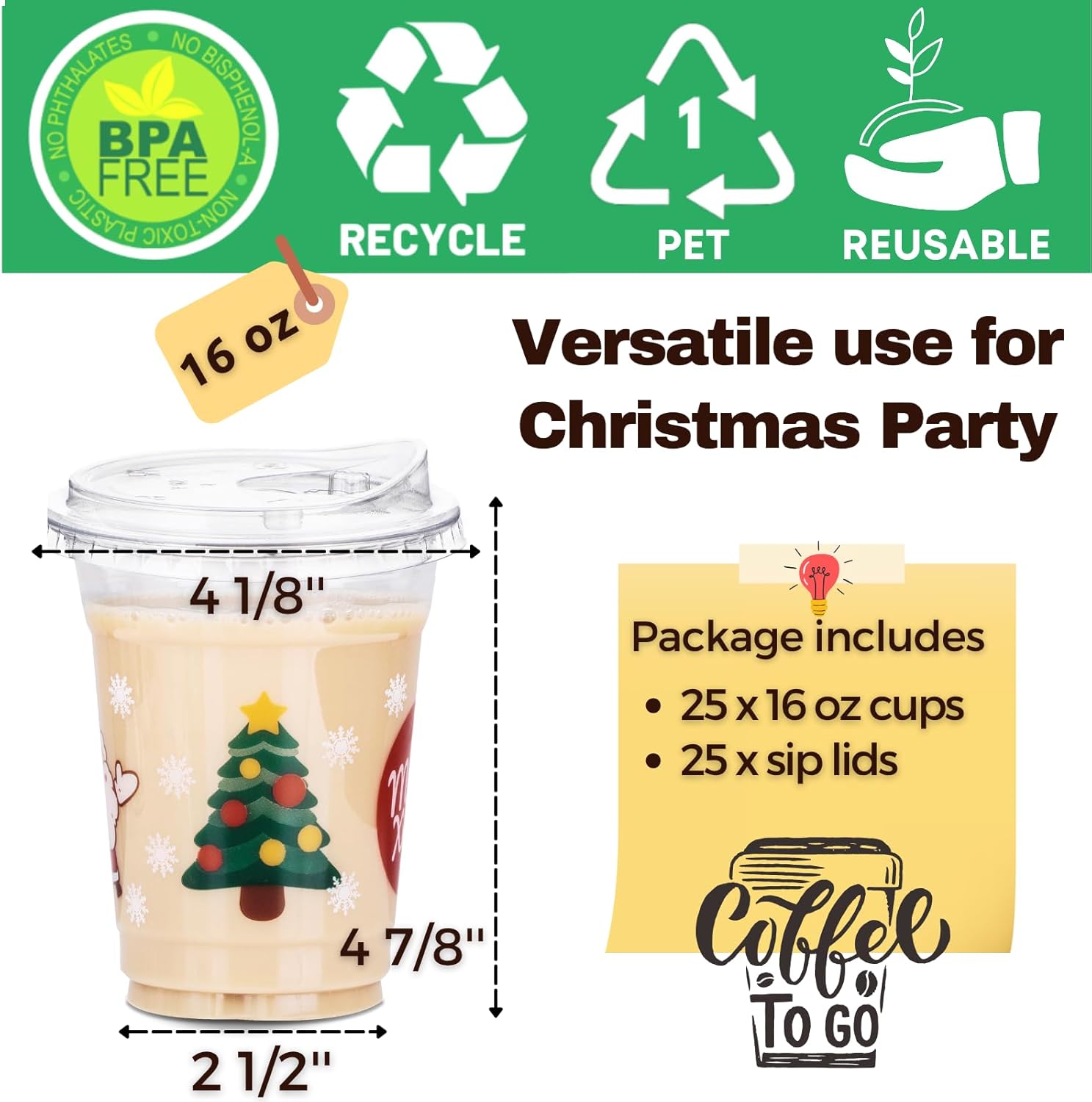 Aatriet 16 oz Christmas Cups Plastic Coffee Cups with Lids, Christmas Cup Disposable 25 Sets, Xmas holiday Party Supply for Iced Coffee & Drinks, To Go Cups - Image 3