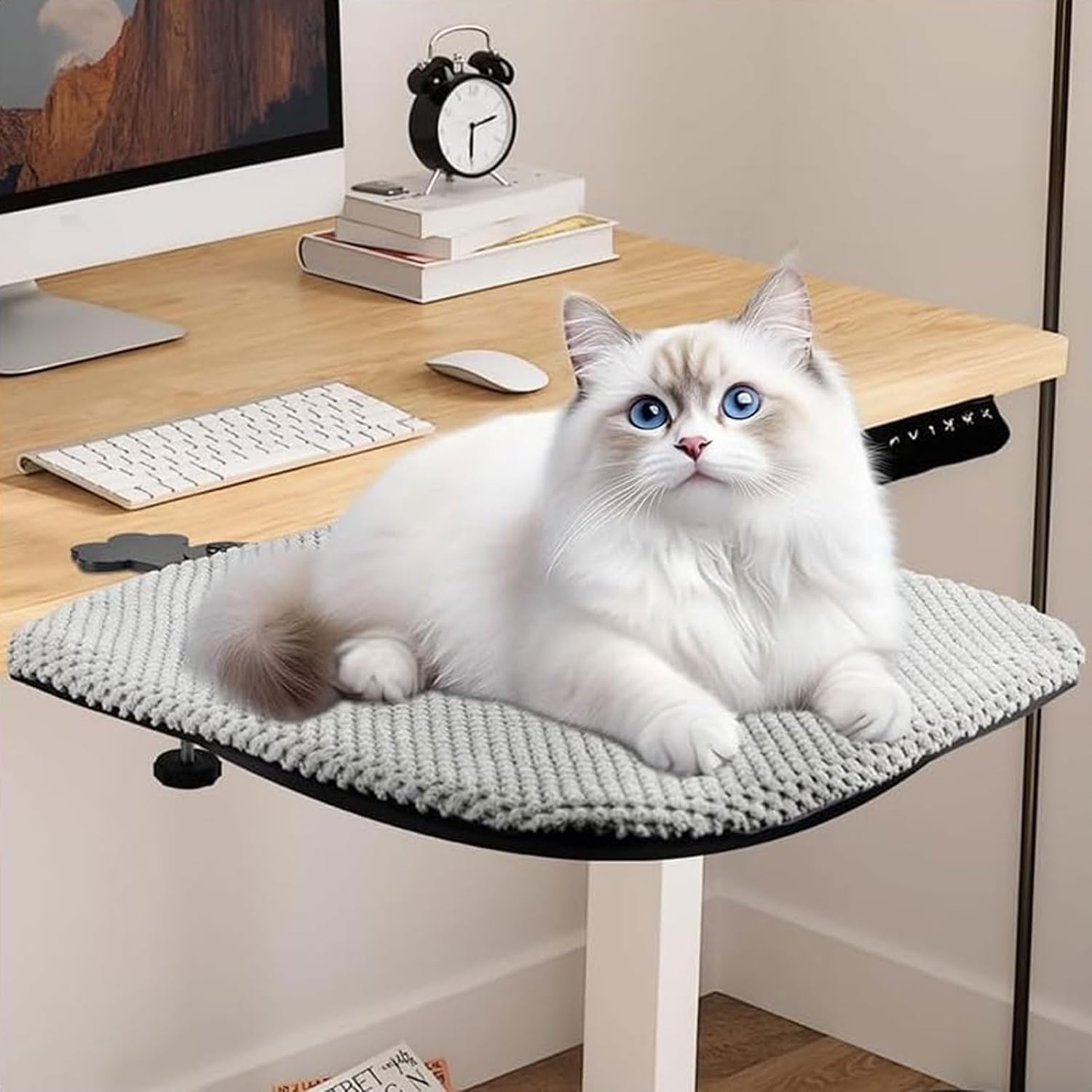 ASHATA Cat Desk Bed, Supports Up to 20kg, Foldable Cat Desk Sleeping Bed Hammock, Semi Circle Design, for Home Office and Game Tables