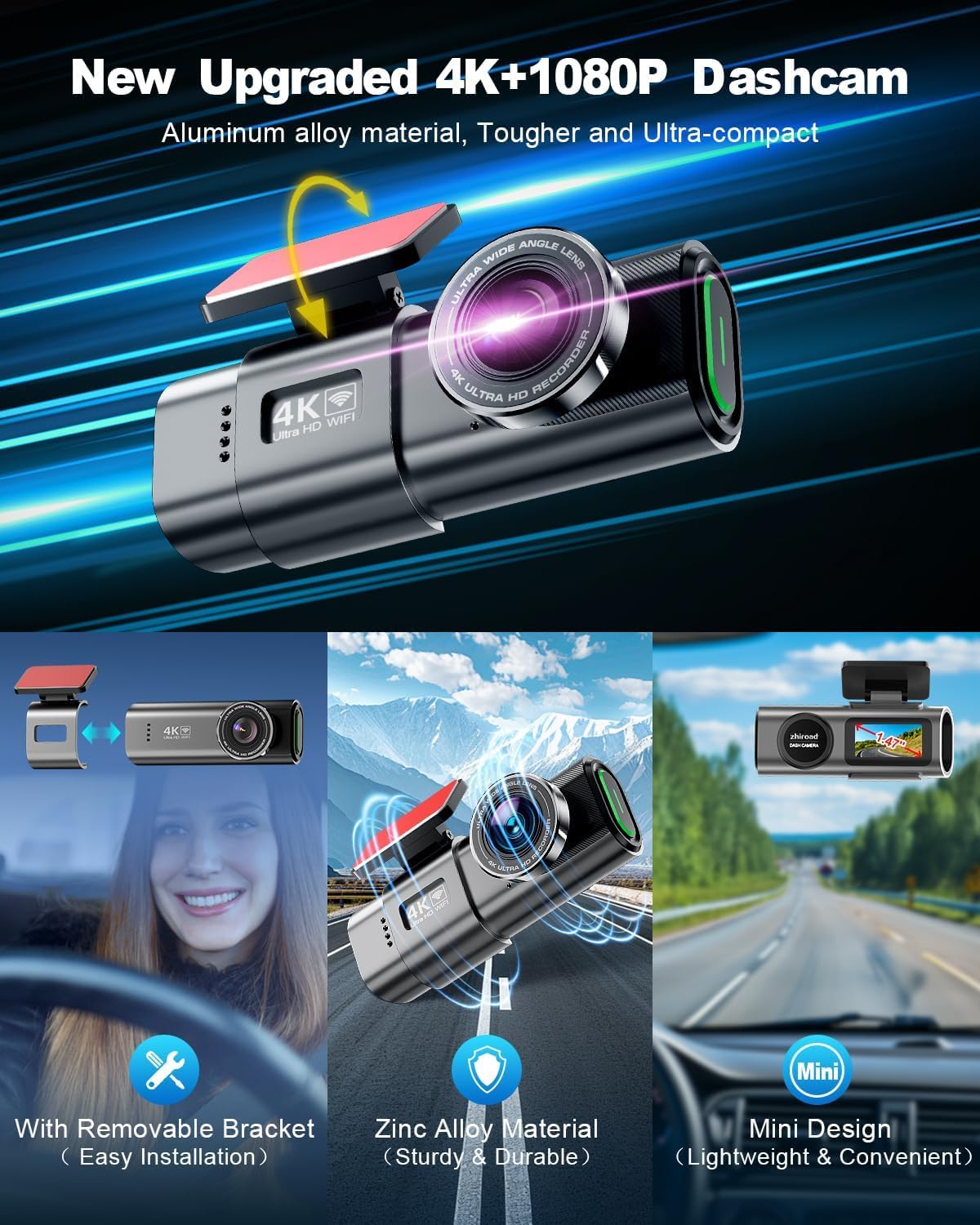 Dash Cam Auto, 4K Dashcam con WiFi & App, Dashcam Auto con 64G Scheda, Telecamera Auto 170°+140°, WDR, Schermo 1,47", Custodia rimovibile, Registrazione in Loop, Visione Notturna, Sensore di Gravità