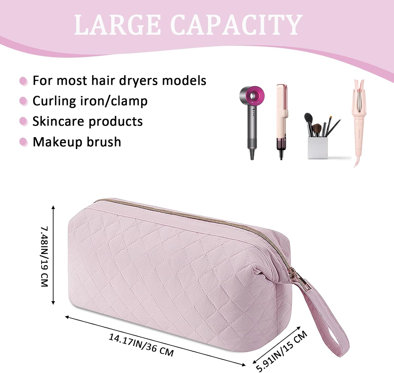Quilted Hair Tools Travel Organizer Bag,Portable Large Hair Styling Accessories Storage Case for Flat Irons,Straightener,Curling Iron,Hair Dryer (Pink)