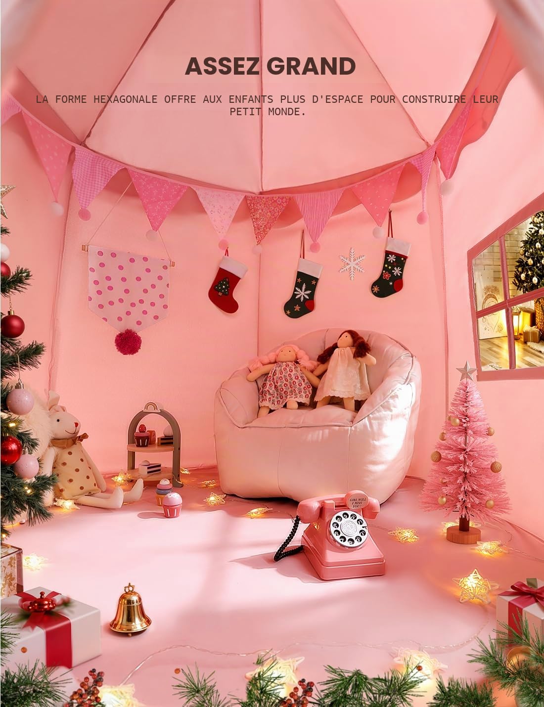 Besrey Tente Château pour Enfant - Cabane Intérieure avec Lumières, Rose