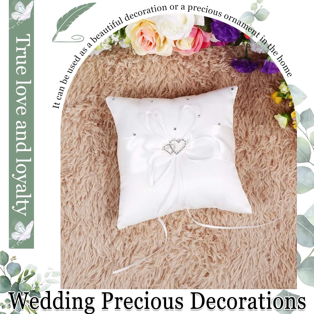 Cuscini portafedi,Cuscino per fedi nuziali bianco, accessori per matrimonio, cuscino per fedi nuziali con doppio cuore e diamanti, 10 cm