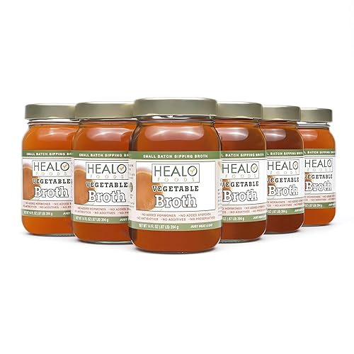 Healo Foods Caldo de verduras totalmente natural, alto en proteínas, cero grasa, sin gluten, sin OMG, ideal para cocinar y beber, tarros de vidrio