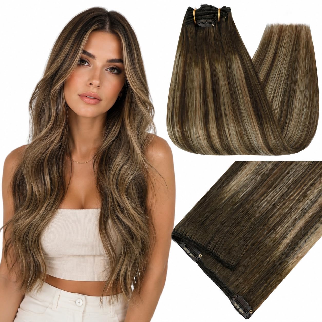 Full Shine Clip in Hair Extensions Medium Brown 16" + 20" Bundle, Same Color Different Lengths for Layered Volume