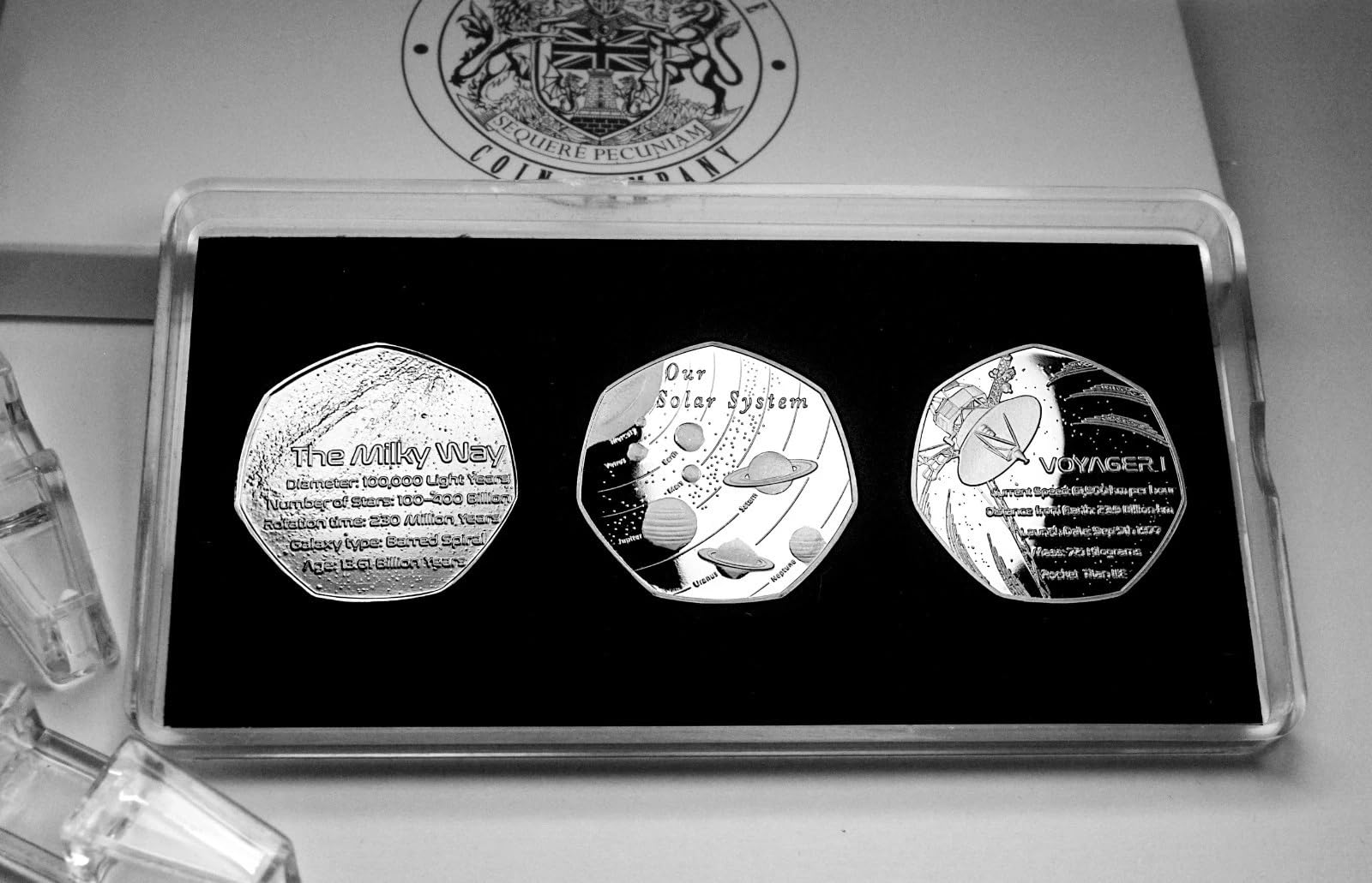 The Commemorative Coin Company Trio of SPACE Silver Commemoratives. Solar System, Milky Way, Voyager 1. Golden Record/NASA. Space/Earth/Sun/Moon/Planets/Universe. Mars/Star Gift/Present/Collectable