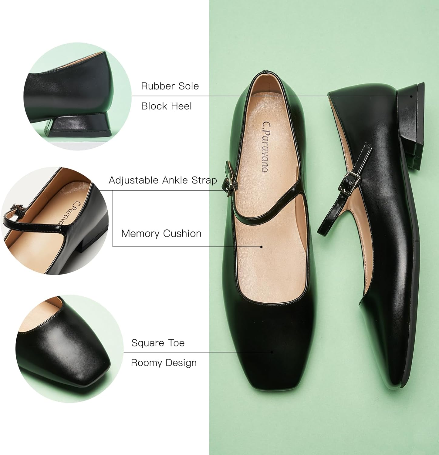 C.Paravano Women's Mary Jane Flats Adjustable Strap & Square Toe | Memory Foam Comfort | Perfect for Office, Weddings, Travel - Image 5