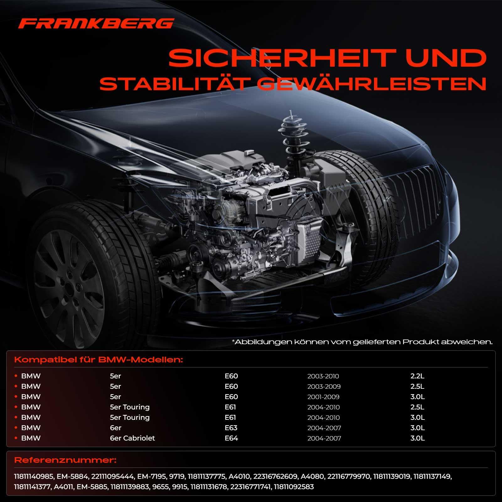 Frankberg 2 supporti motore anteriori + 1 supporto cambio EM-7195 | Compatibile con: Serie 6 Cabrio E64, Serie 6 E63, Serie 5 E60, Serie 5 Touring E61