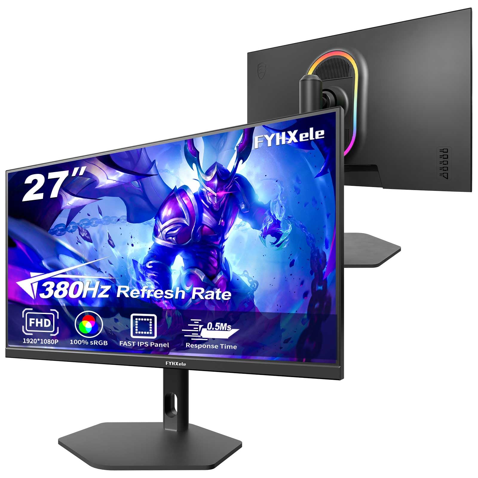 FYHXele Monitor para juegos de 27 pulgadas, 380Hz, FHD 1080P, 0.5 ms, sin marco, monitor de computadora ultra delgado, monitor vertical ajustable de altura/pivote/giratorio/inclinación, compatible con