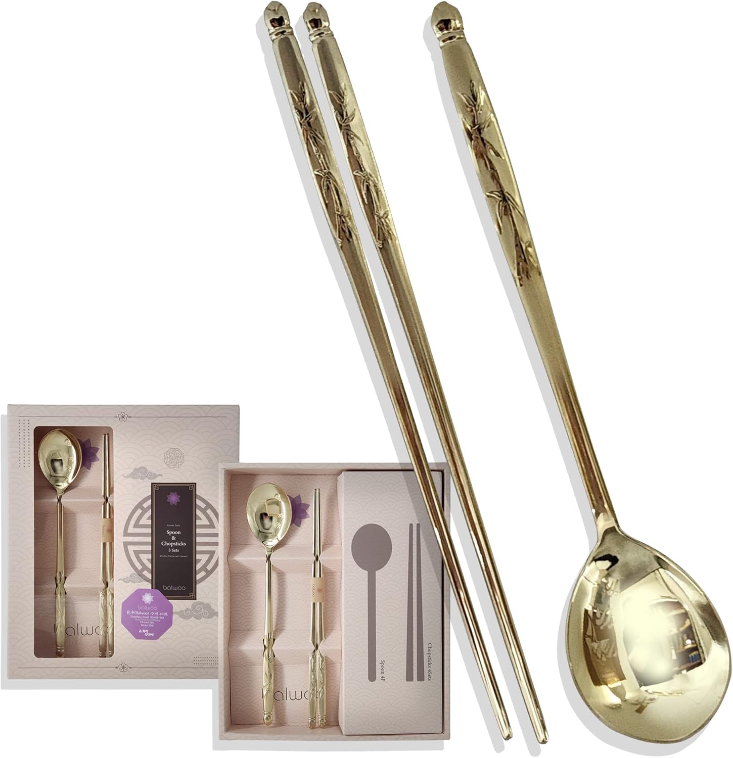 [Made in Korea] Bamboo Design Sticky Rice Spoon Chopsticks Set Gold Titanium Plating 304 Stainless Steel Soup Spoon Ramen Noodle Chopsticks Flatware (5 Sets)