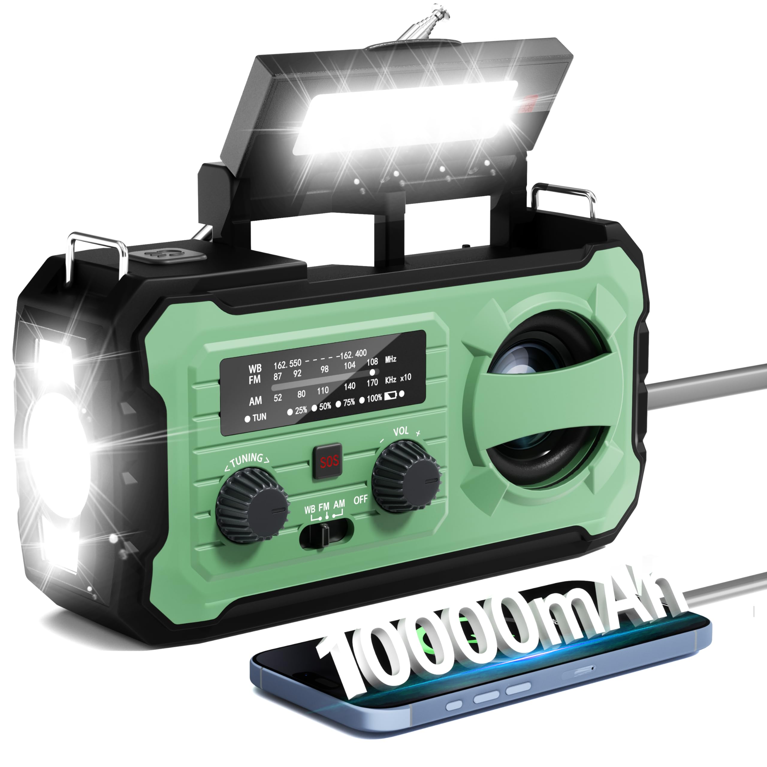 Hand Crank Emergency Radio, 10000mAh Weather Radio with AM/FM/NOAA, Solar Prower, SOS Alarm, Phone Charging, LED Flashlight, Portable Survival Gear