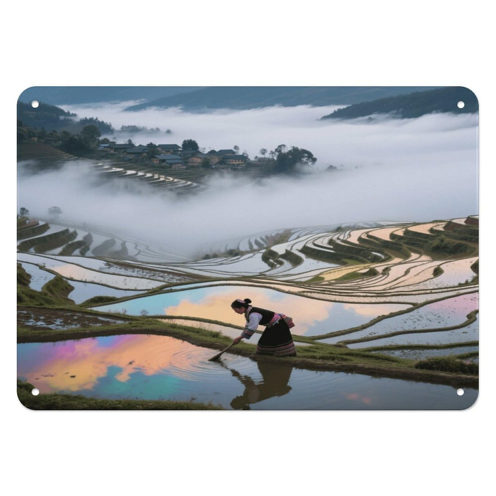 Fekiloot Style Hani Terraces And Sea Of ​​Clouds Wall Decor Iron Painting Metal Sign
