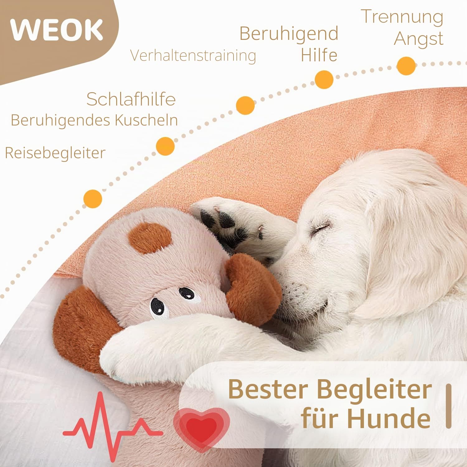 WEOK Heartbeat Welpe Plüsch Hundespielzeug, Welpe Herzschlag Stofftier für Hunde Angst Linderung Verhalten Hilfe Spielzeug (Brown +Big)