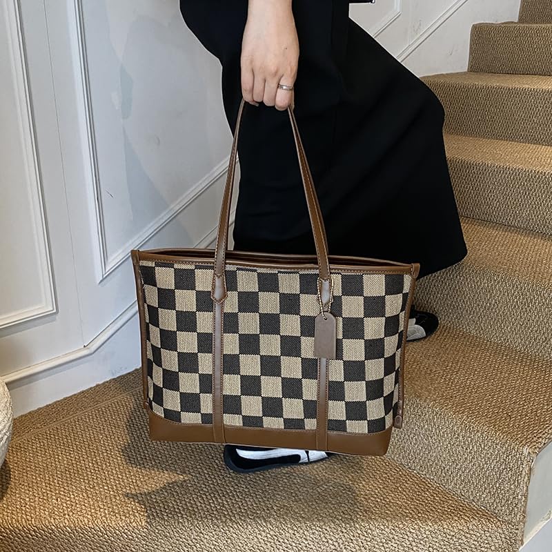 Checkered Tote Bag for Women Vintage Work Bag Fall Tote Handbag Checkered Shoulder Bag for College Work Travel3