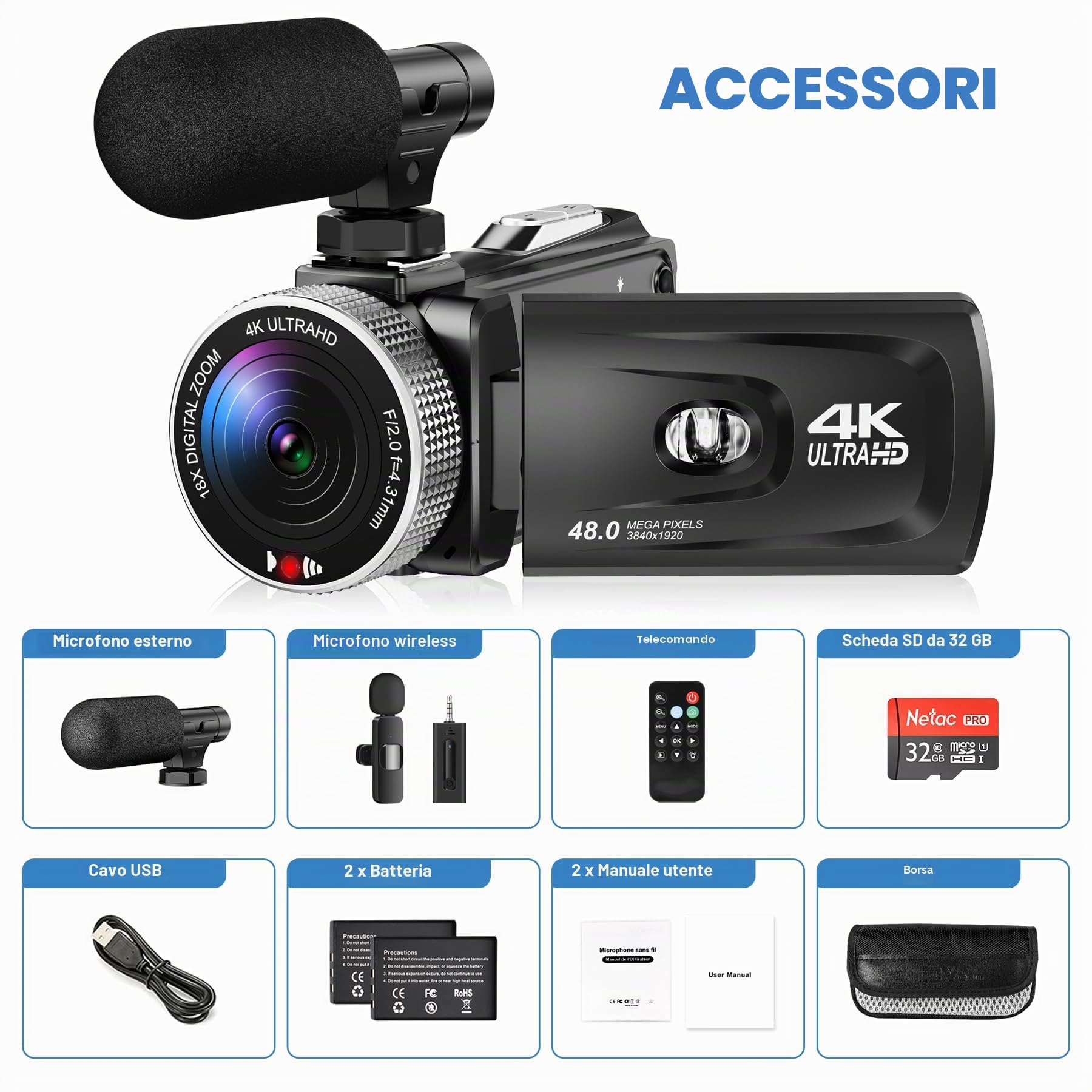 Videocamera 4K 48MP 60fps, zoom digitale 18x, schermo IPS girevole 360°, ideale per YouTube, vlogging e FHD 1080p, incl. telecomando, 2 batterie