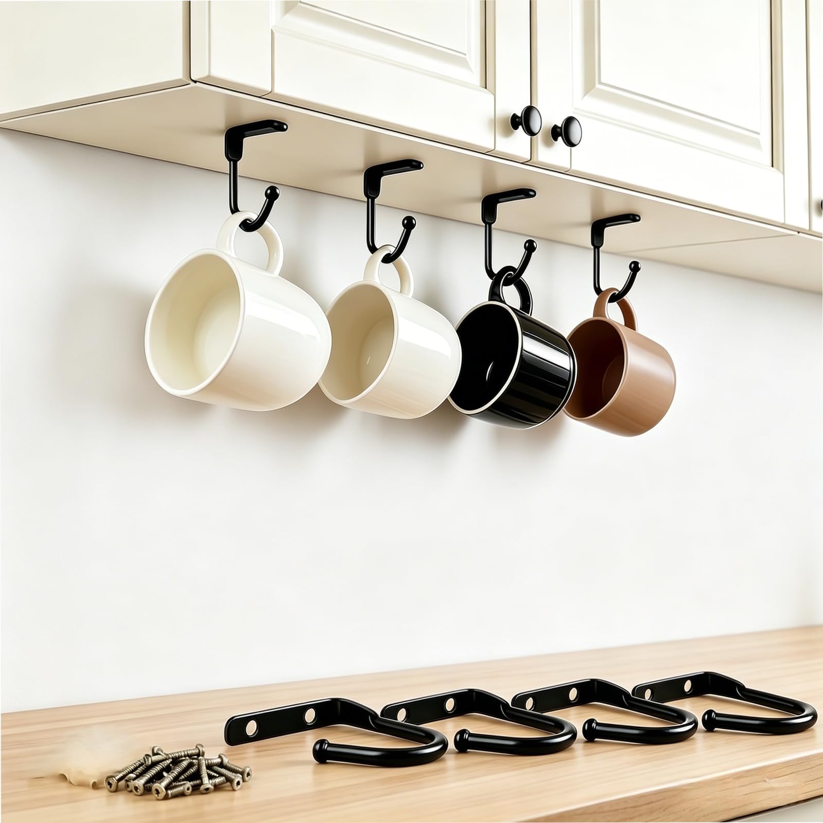 Black Screw-In Cup Hooks for Under Shelf, 8Pcs Space Saving Hooks for Kitchen, Maximise Cabinet with Mug Rack & Utensil Holder, Heavy Duty Cup Rack for Under Shelf, Coffee Mug Storage, Pots and Pans