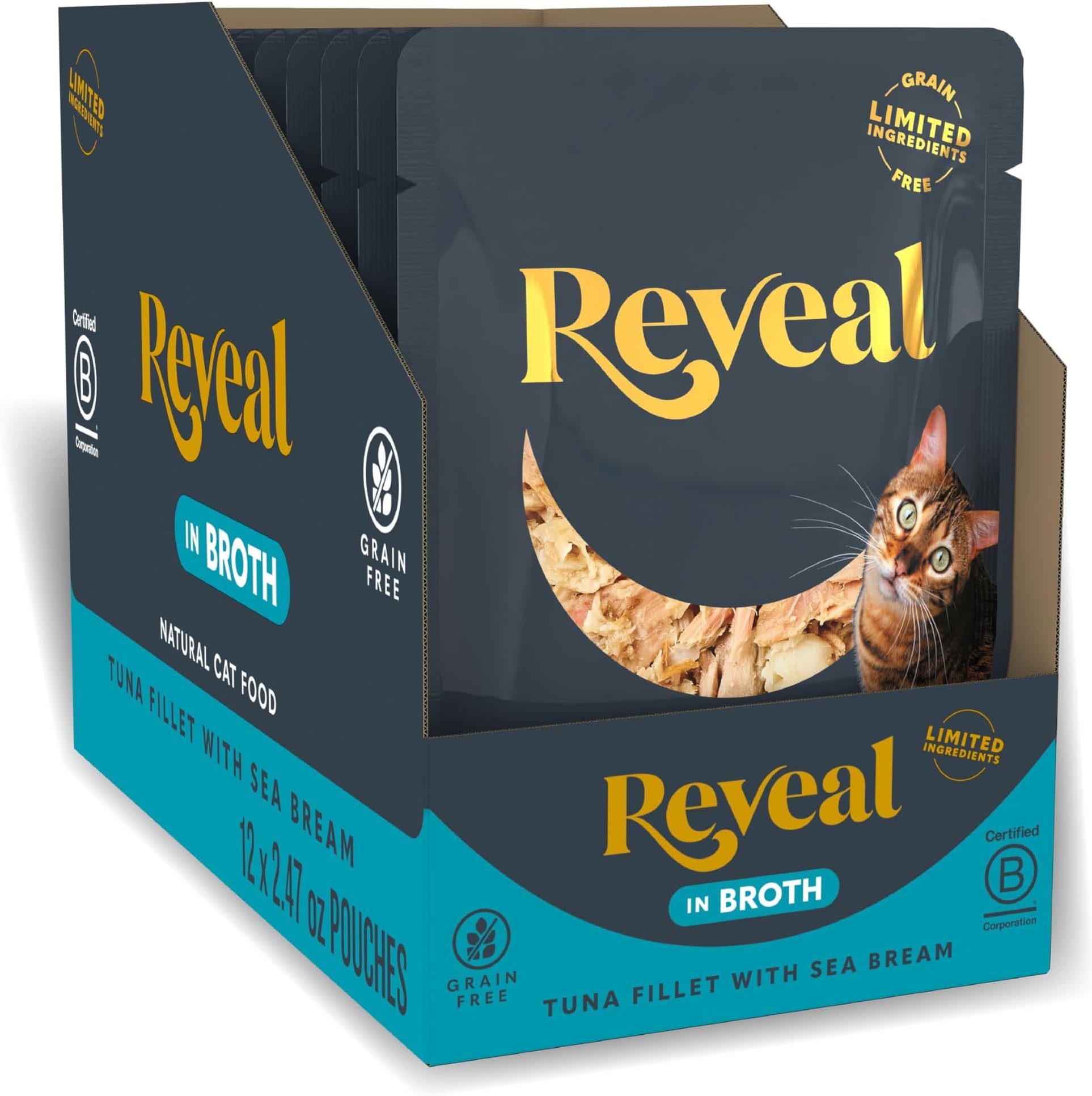 Natural Wet Cat Food, Limited and Natural Ingredients, Grain Free, High Protein with No Artificial Additives, Tuna Fillet with Seabream in Broth (12 x 2.47 oz Pouches)
