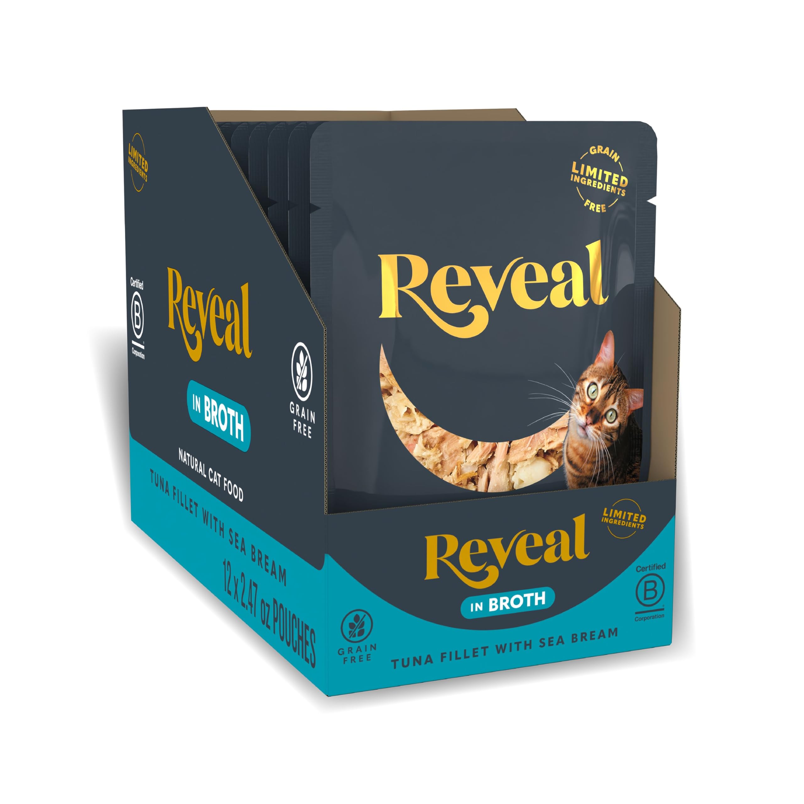 Reveal Natural Wet Cat Food, Limited and Natural Ingredients, Grain Free, High Protein with No Artificial Additives, Tuna Fillet with Seabream in Broth (12 x 2.47 oz Pouches)