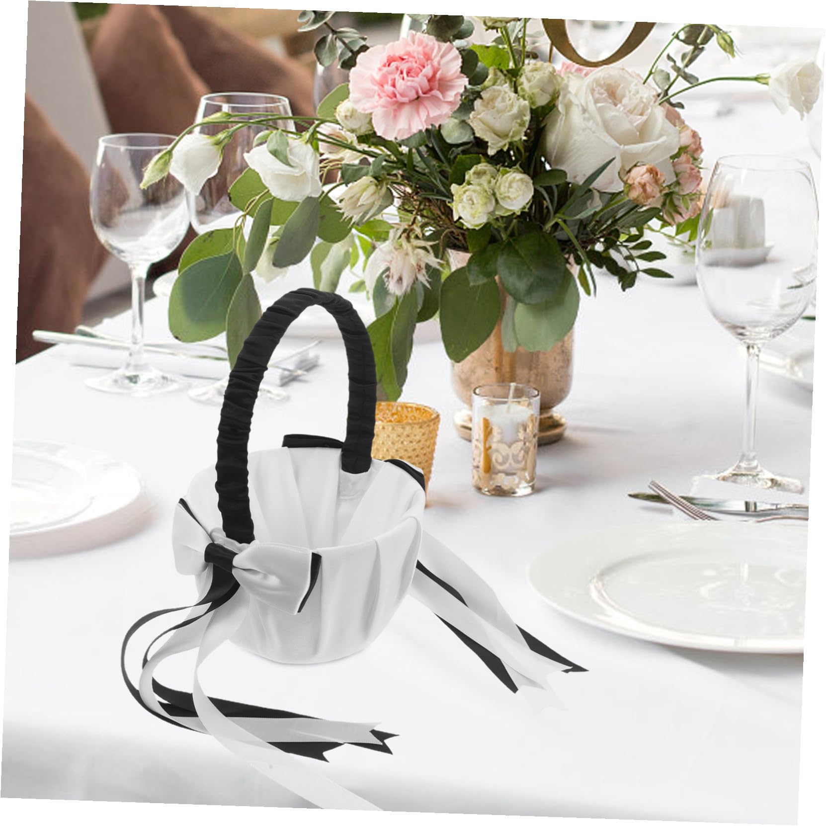 Hochzeitsblumenkorb mit Henkel und Doppelschleife aus Satin