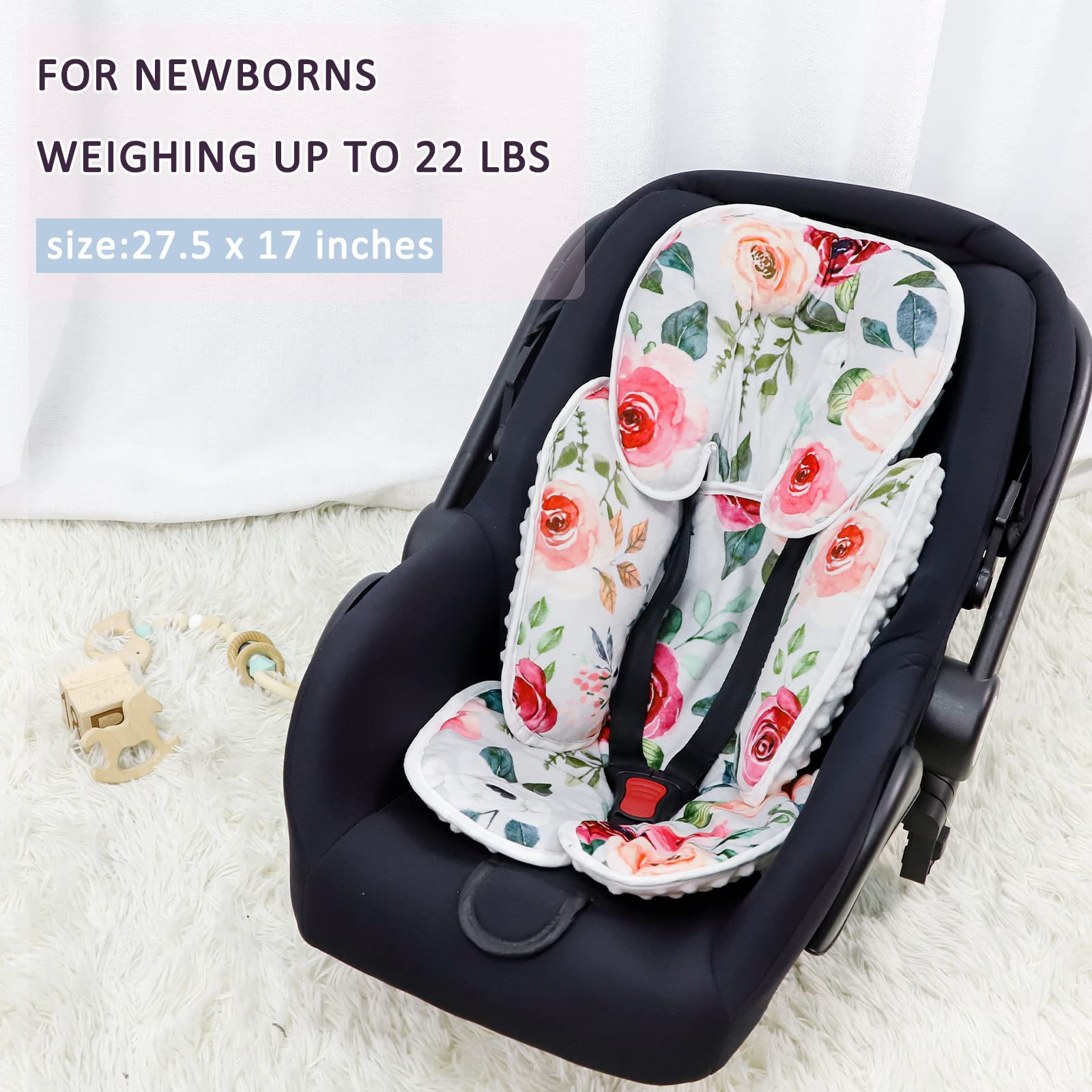CARUILI Infant Car Seat Head Body Support Pillow, Newborn Car Seat Insert for Girls, Soft & Adjustable Baby Headrest for Carseat, Stroller, Swing, Rose Floral Printed