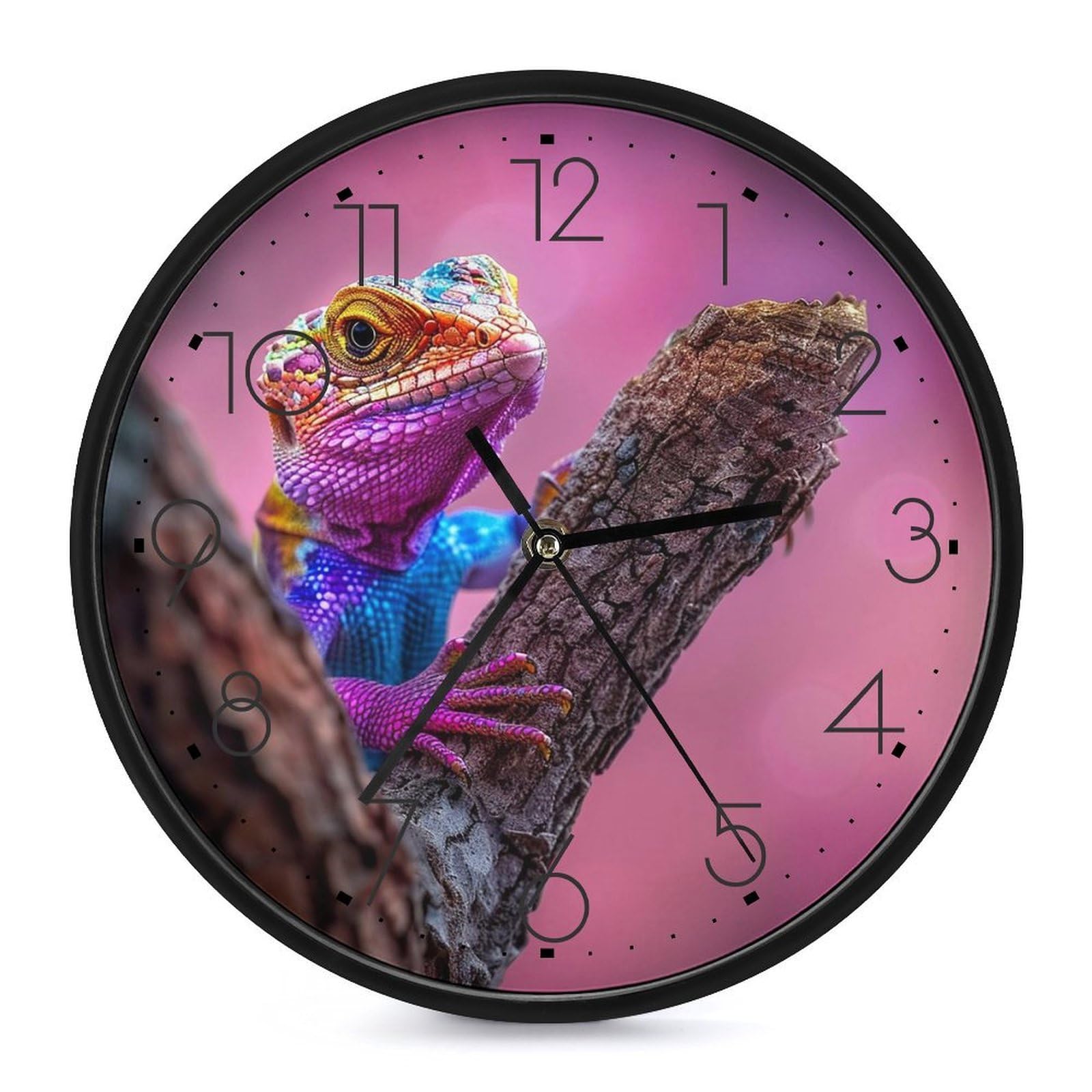 XOPEKVLAWM Wall Clock 10 Inch Non-Ticking Silent Modern Simple Style Round Decor Clocks Lizard on The Branch Clock Decorative Battery Operated Wall Clocks for Home Office Living Room Bedroom Kitchen