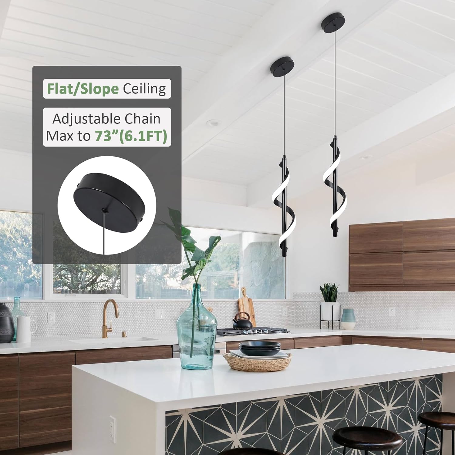 13W Modern Spiral Led Pendant Light Fixture, Cold White 5500K Minimalist Integrated LED Hanging Lamp, Adjustable Hanging Island Light Fixture For Bedroom Living room Kitchen Sink, 1 Pack (Black)