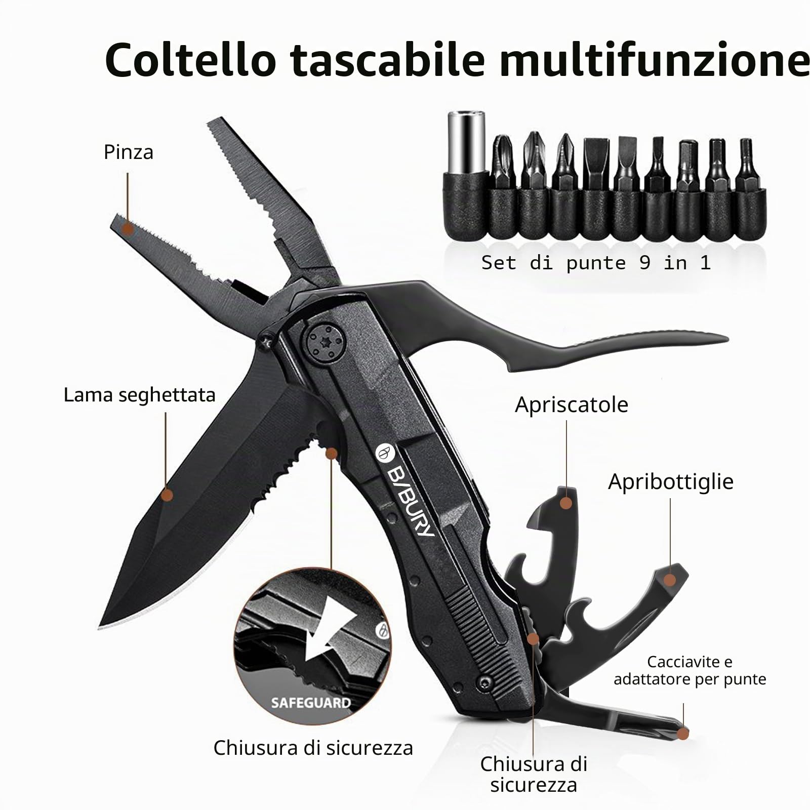 BIBURY Multitool, Coltello Multiuso, 5 in 1 Coltello Multifunzione in Acciaio Inossidabile, Pinza Multiuso con Coltello, Pinze, Cacciavite per Campeggio, Fai-da-te, Escursionismo, Caccia e Pesca