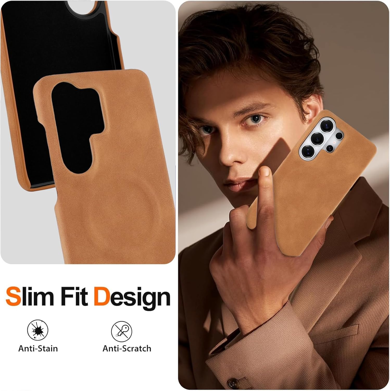 SOKAD Leather Case for Samsung Galaxy S26 Ultra Compatible with Magsafe, Vintage Elegant Design for Men Women, Thin Slim Half-Wrap Anti-Slip Protective Phone Case for Galaxy S26 Ultra, Yellow Brown
