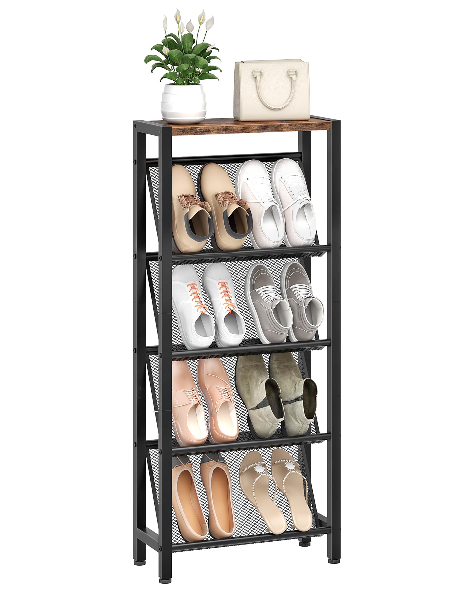 CHOEZON Shoe Rack, 5-Tier Shoe Organizer, Narrow Shoe Storage Rack with Slanted Mesh Shelves, Slim Shoe Organizer, Space-Saving Shoes Shelf for Entryway, Hallway, Rustic Brown and Black DTXJ03BF