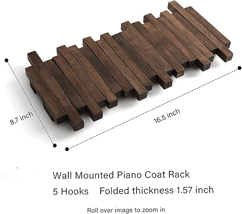 Miniatura 5 de Perchero de madera natural para piano de pared  Perchero de pared  Perchero de pared abatible con 5 ganchos  Almacenamiento de pared de entrada con