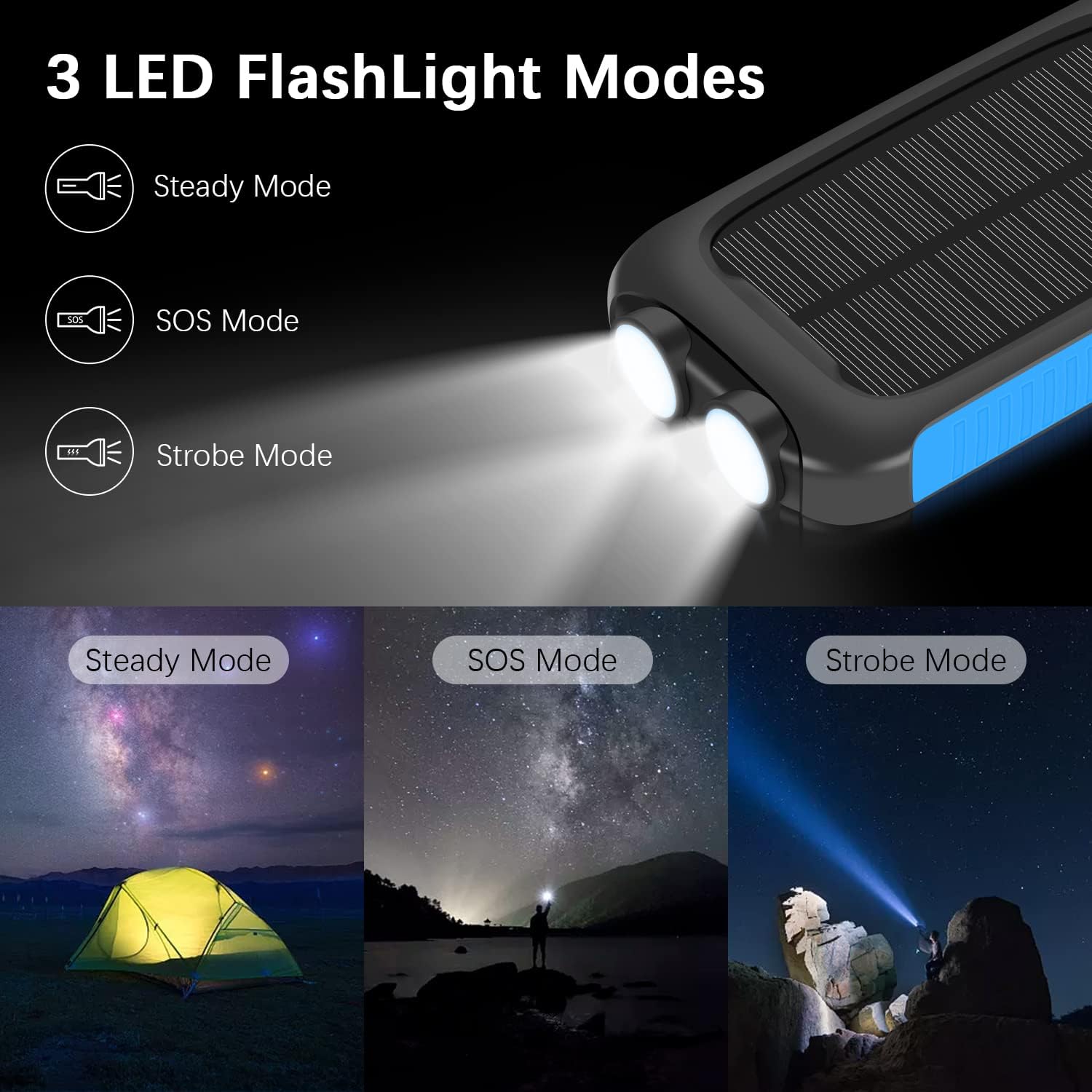 Dyuanup 20,000mAh Solar Charger Power Bank 2LED Flashlight IP65 Waterproof with Dual USB Outputs and Type C Input/Output Built-in Solar Panel for Outdoor Camping for All Cell Phones (Blue)