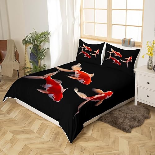 Miniatura 2 de Juego de funda de edredón de estilo japonés con diseño de peces Koi, para niños y niñas, adultos, exótico rojo Koi, funda de edredón elegante con